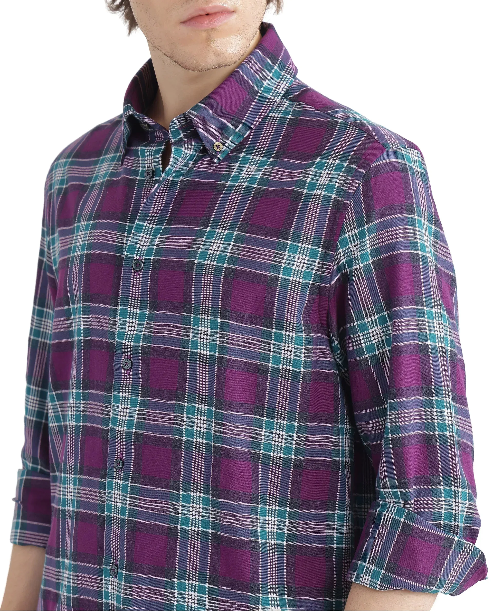 Rare Rabbit Men's Crin Dark Purple Cotton Fabric Full Sleeve Regular Collared Oversized Fit Checks Shirt