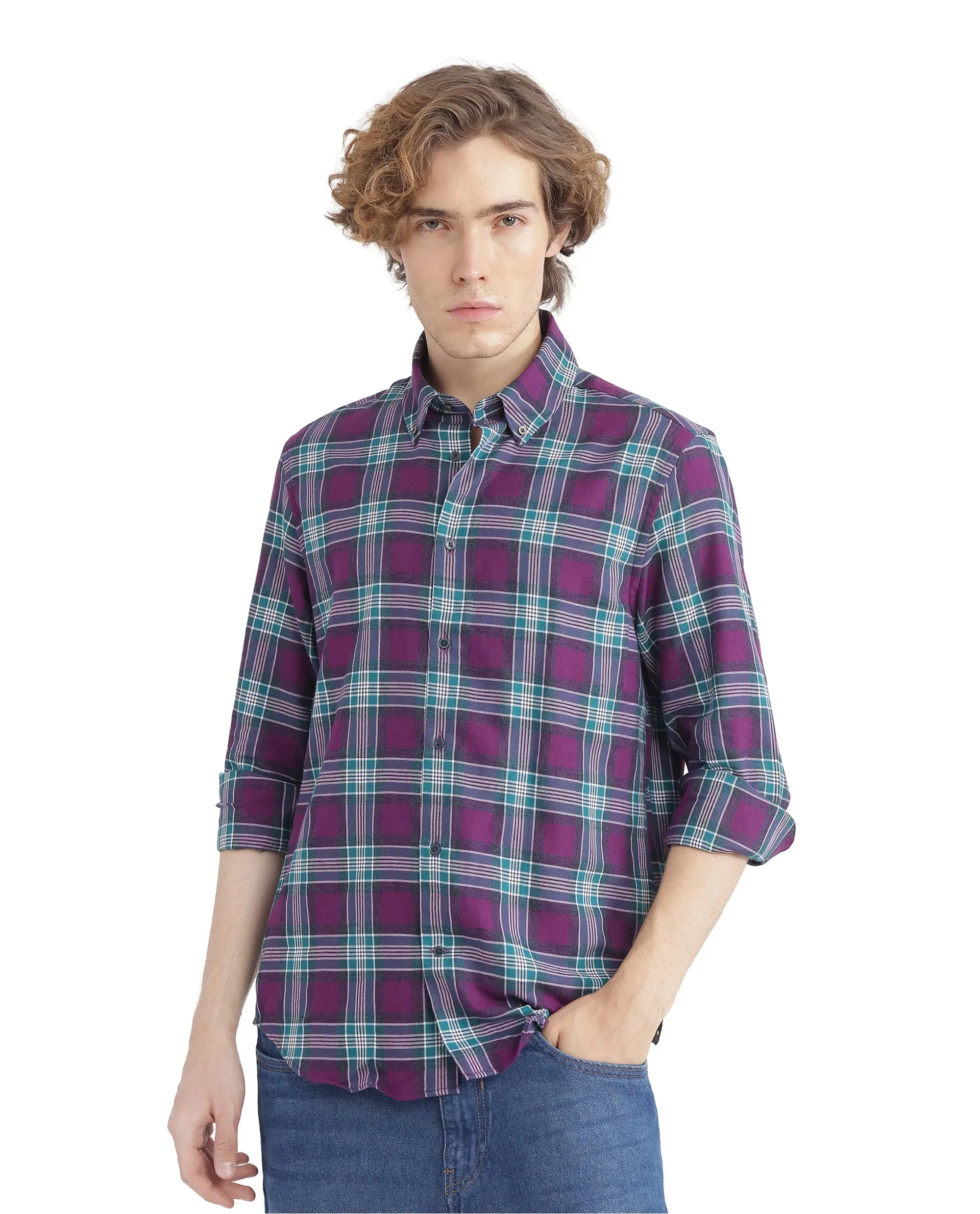 Rare Rabbit Men's Crin Dark Purple Cotton Fabric Full Sleeve Regular Collared Oversized Fit Checks Shirt