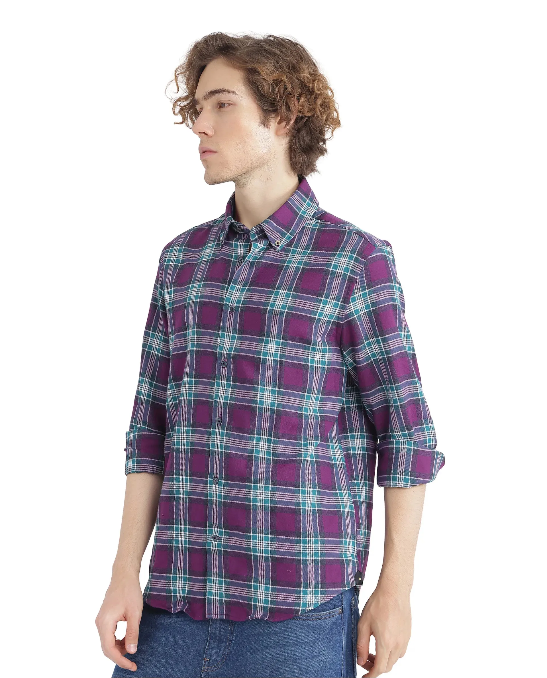 Rare Rabbit Men's Crin Dark Purple Cotton Fabric Full Sleeve Regular Collared Oversized Fit Checks Shirt