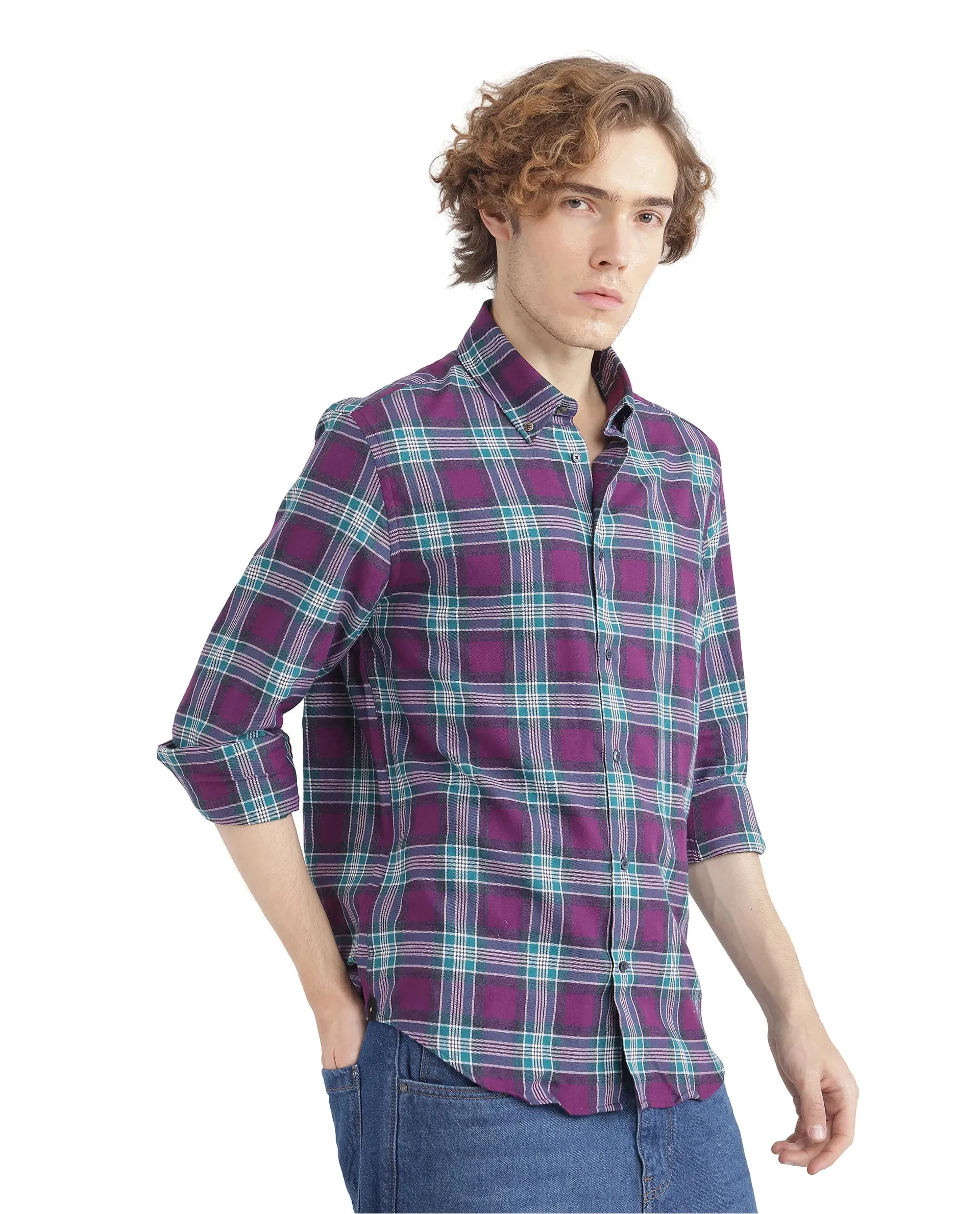 Rare Rabbit Men's Crin Dark Purple Cotton Fabric Full Sleeve Regular Collared Oversized Fit Checks Shirt