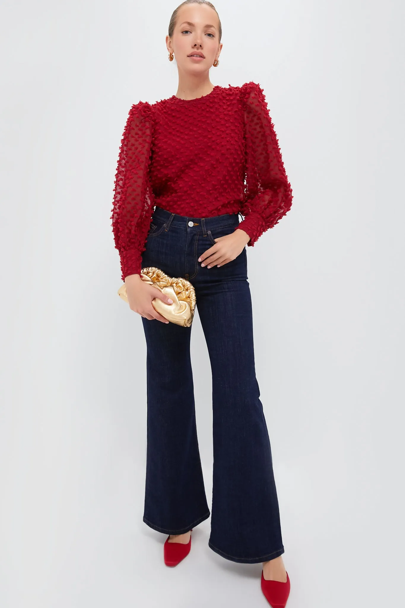 Red Textured Long Sleeve Harriet Blouse