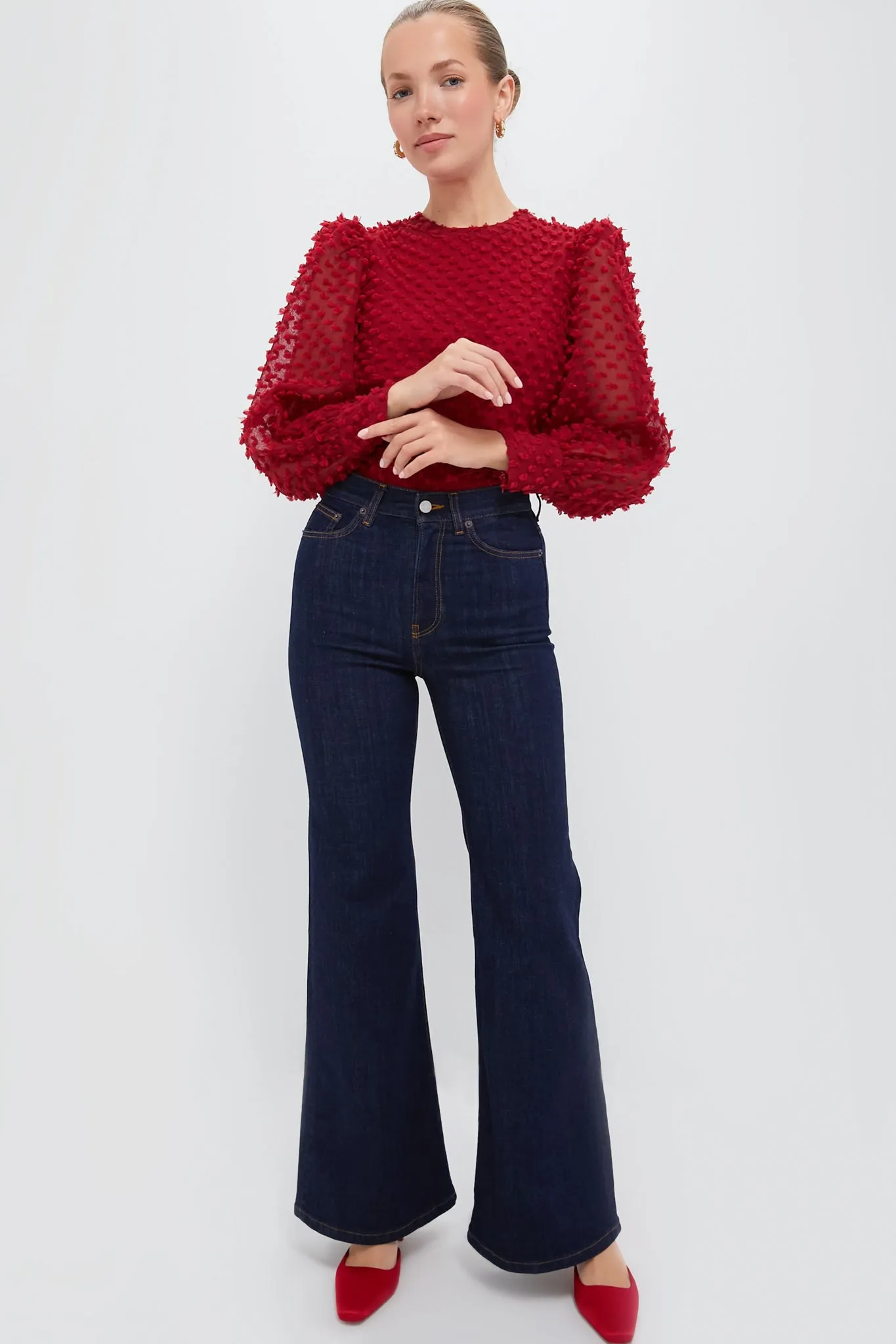 Red Textured Long Sleeve Harriet Blouse