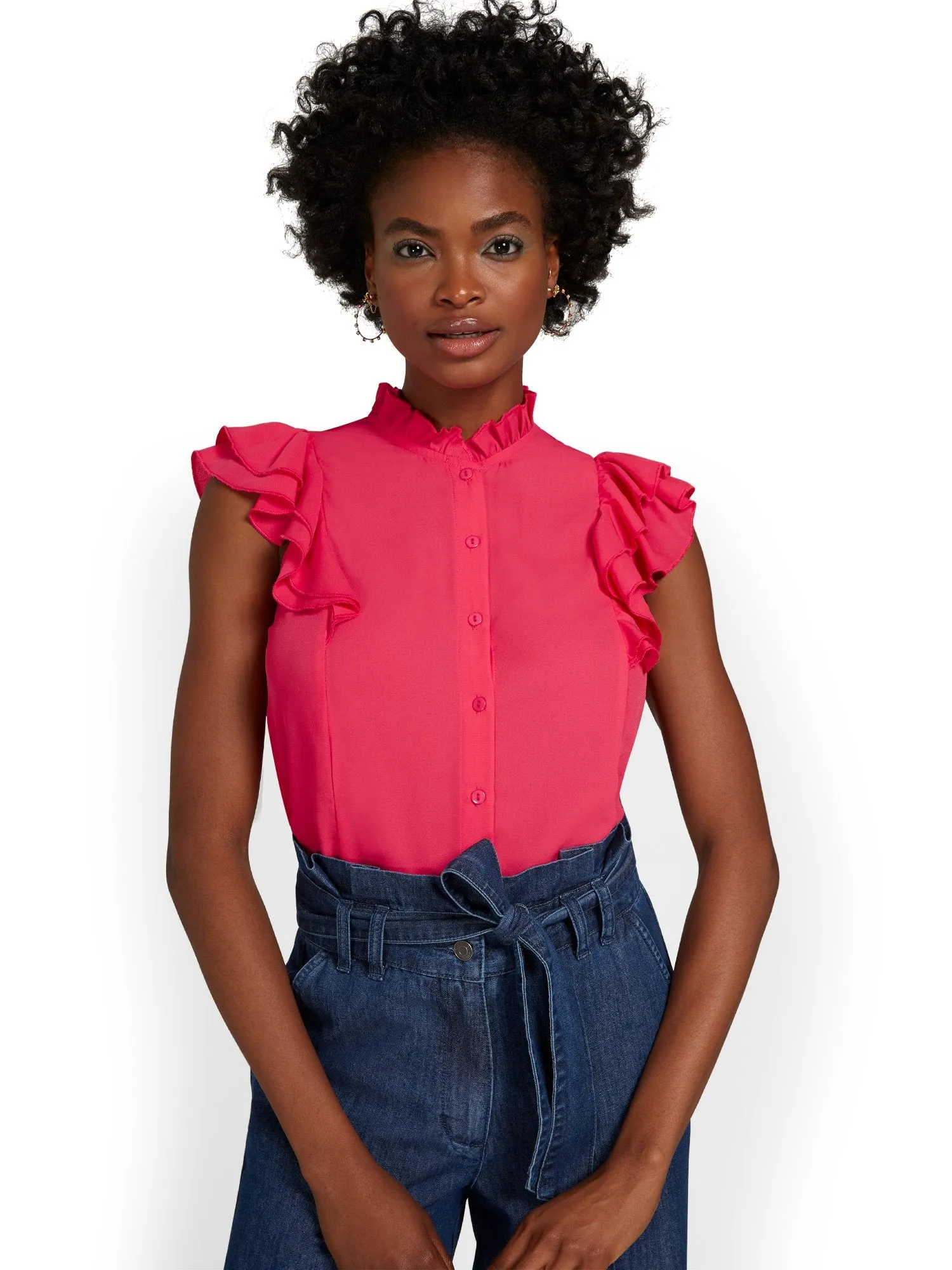 Ruffle-Sleeve Button-Front Blouse