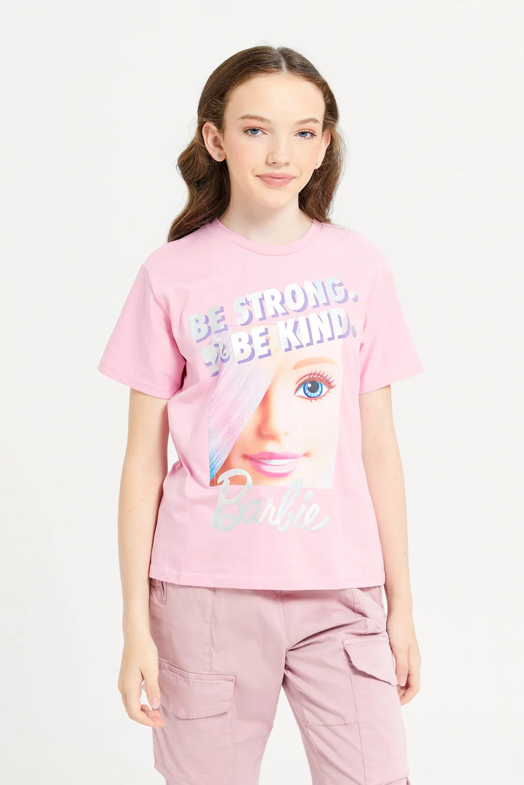 Senior Girls Pink Barbie Printed T-Shirt