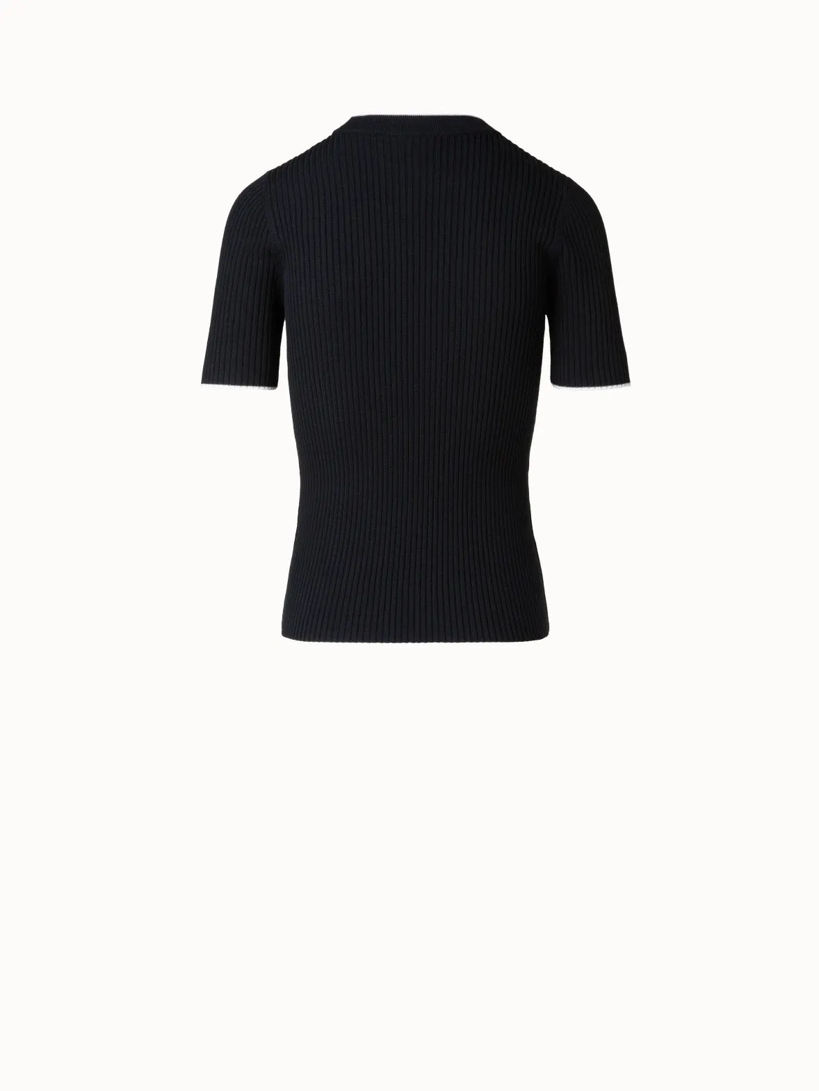 Short Sleeve Sweater in Virgin Wool with Contrast Piping