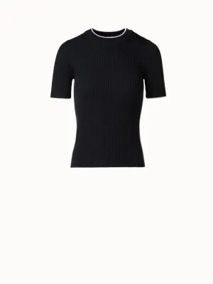 Short Sleeve Sweater in Virgin Wool with Contrast Piping