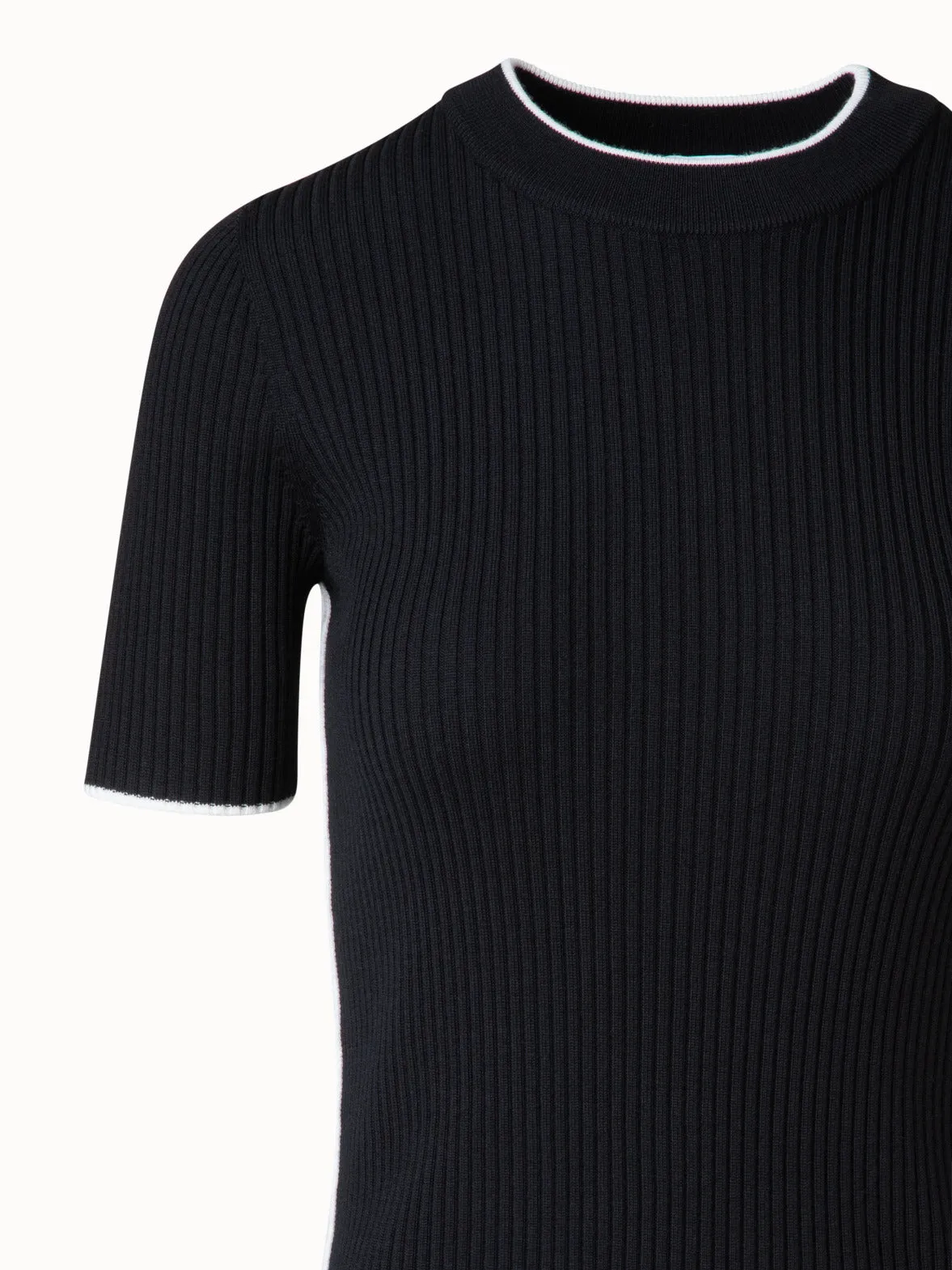 Short Sleeve Sweater in Virgin Wool with Contrast Piping