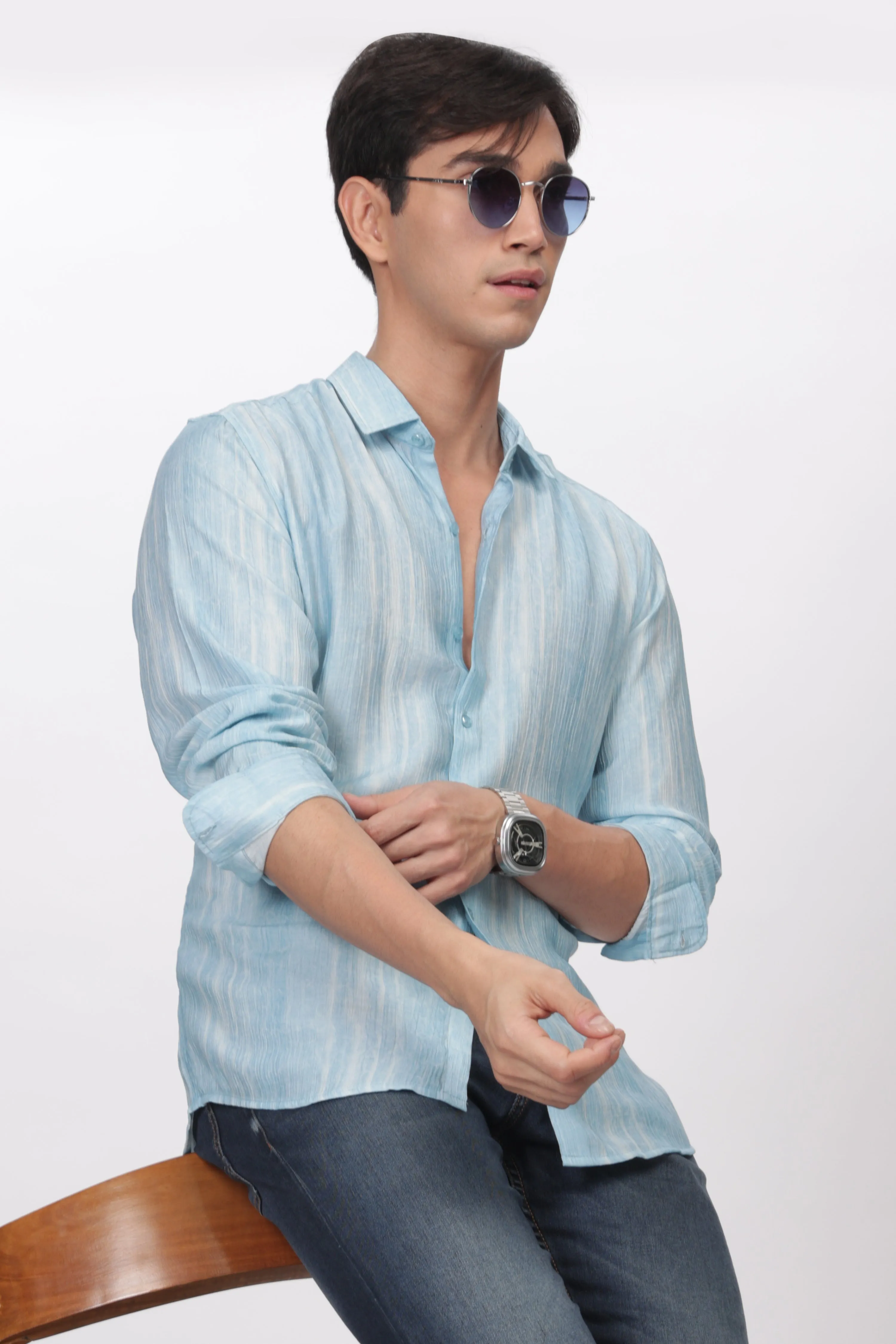 Sky Blue Slim Fit Viscose Beach Wear Shirt