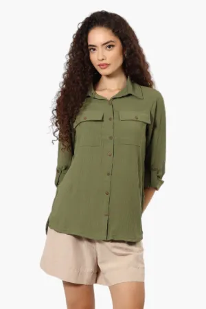 Urbanology Roll Up Sleeve Button Down Shirt - Olive