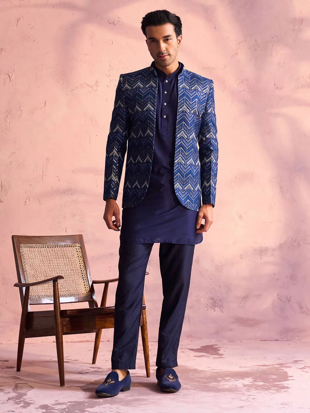 Vastramay Navy Blue Embroidered Jodhpuri Set