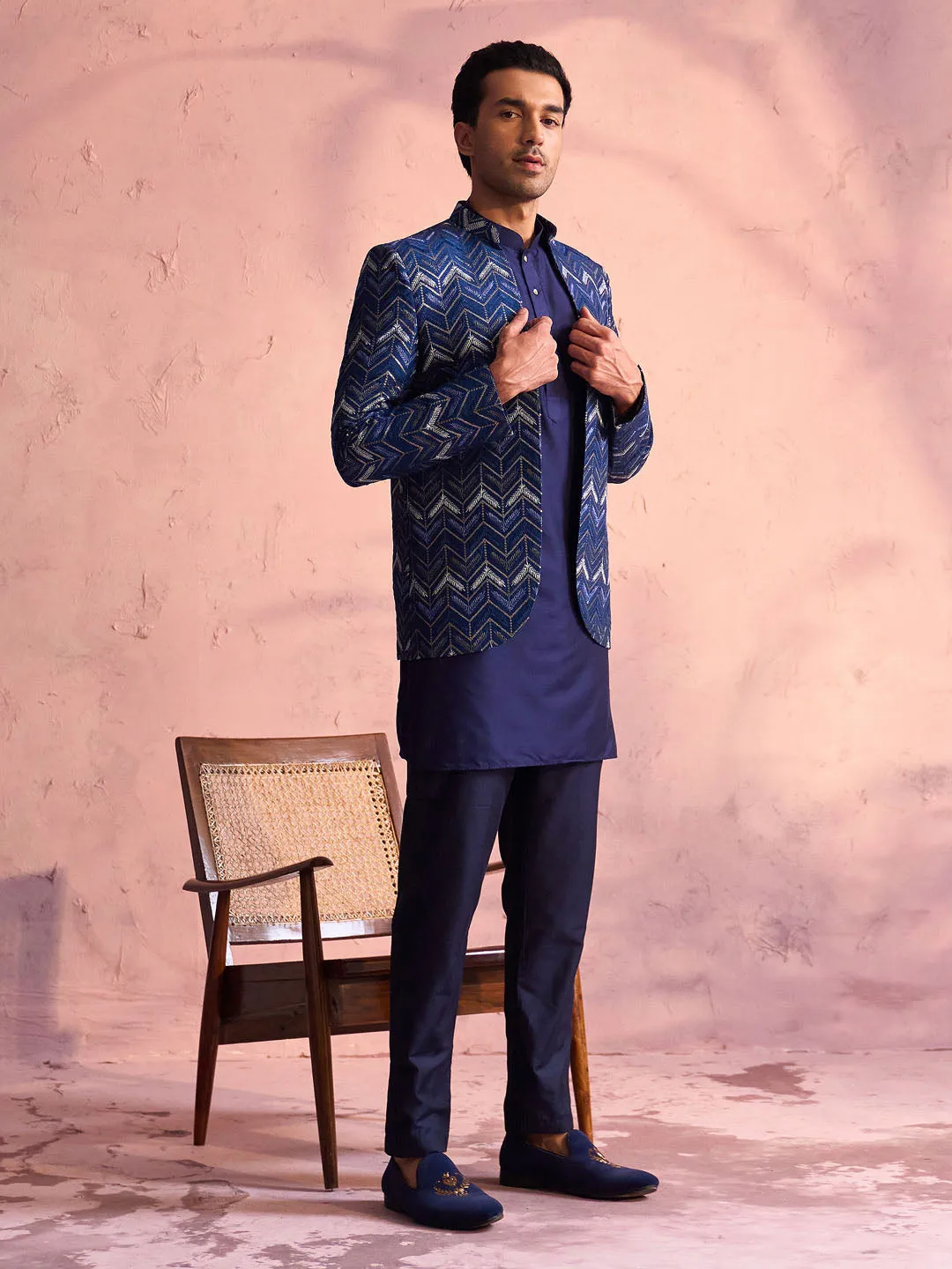 Vastramay Navy Blue Embroidered Jodhpuri Set