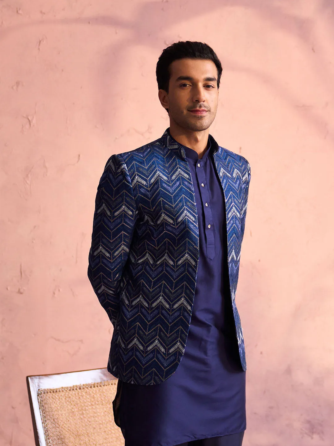 Vastramay Navy Blue Embroidered Jodhpuri Set