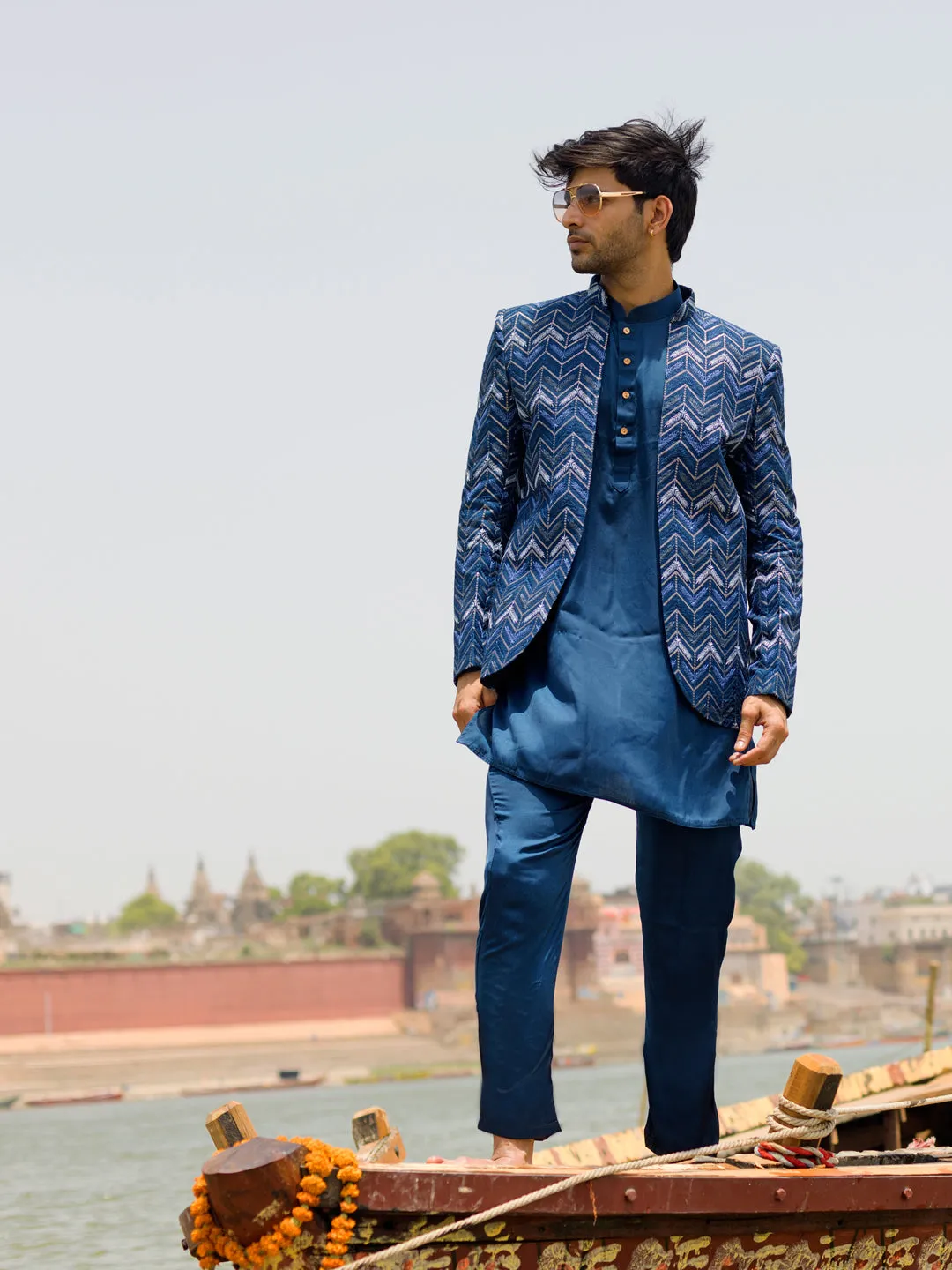 Vastramay Navy Blue Embroidered Jodhpuri Set