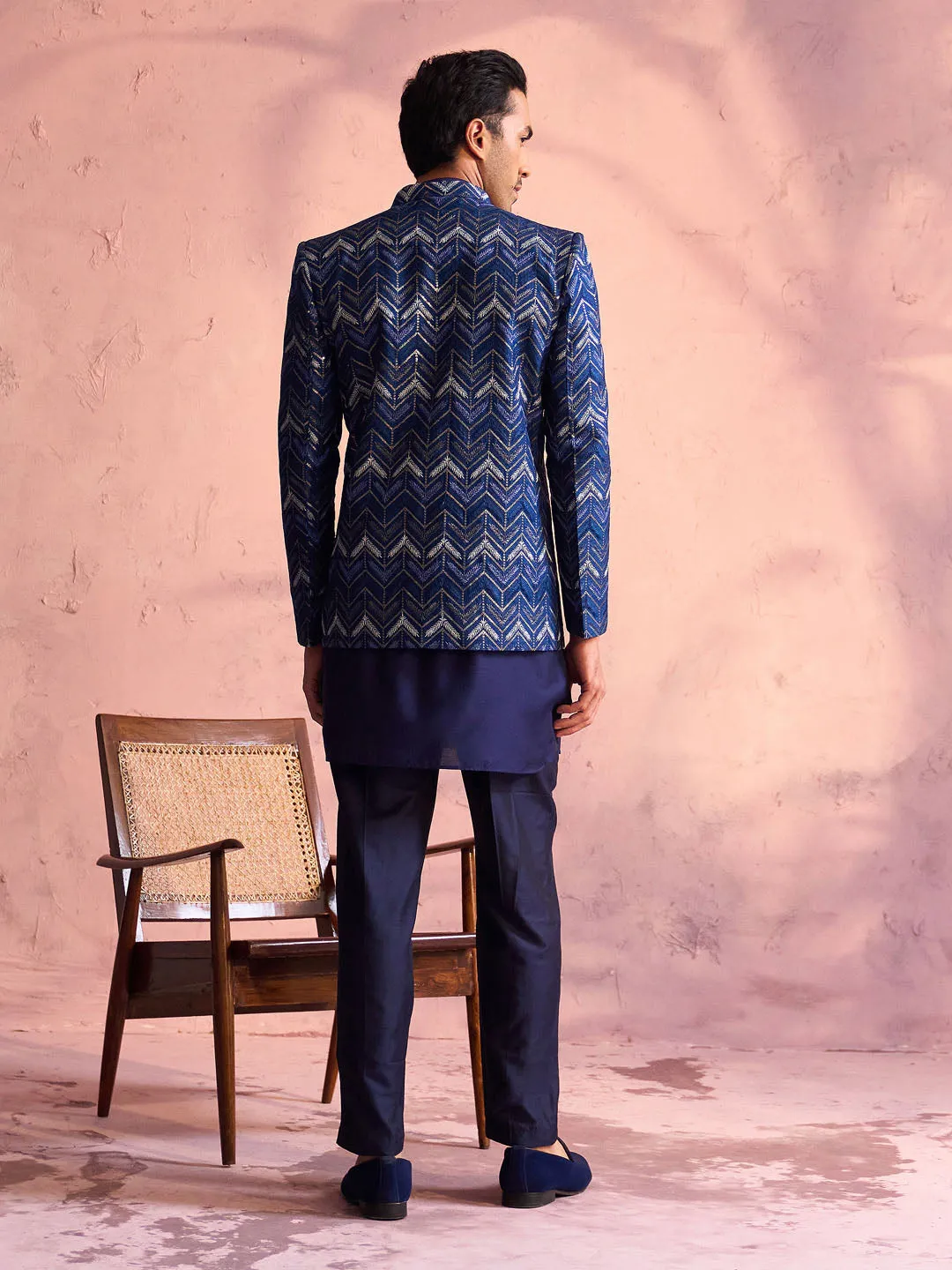 Vastramay Navy Blue Embroidered Jodhpuri Set