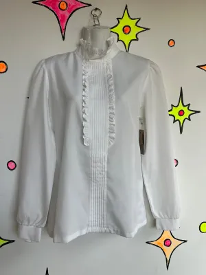 Vintage 70s 80s | White Ruffle Neck Edwardian Secretary Blouse Top | ML