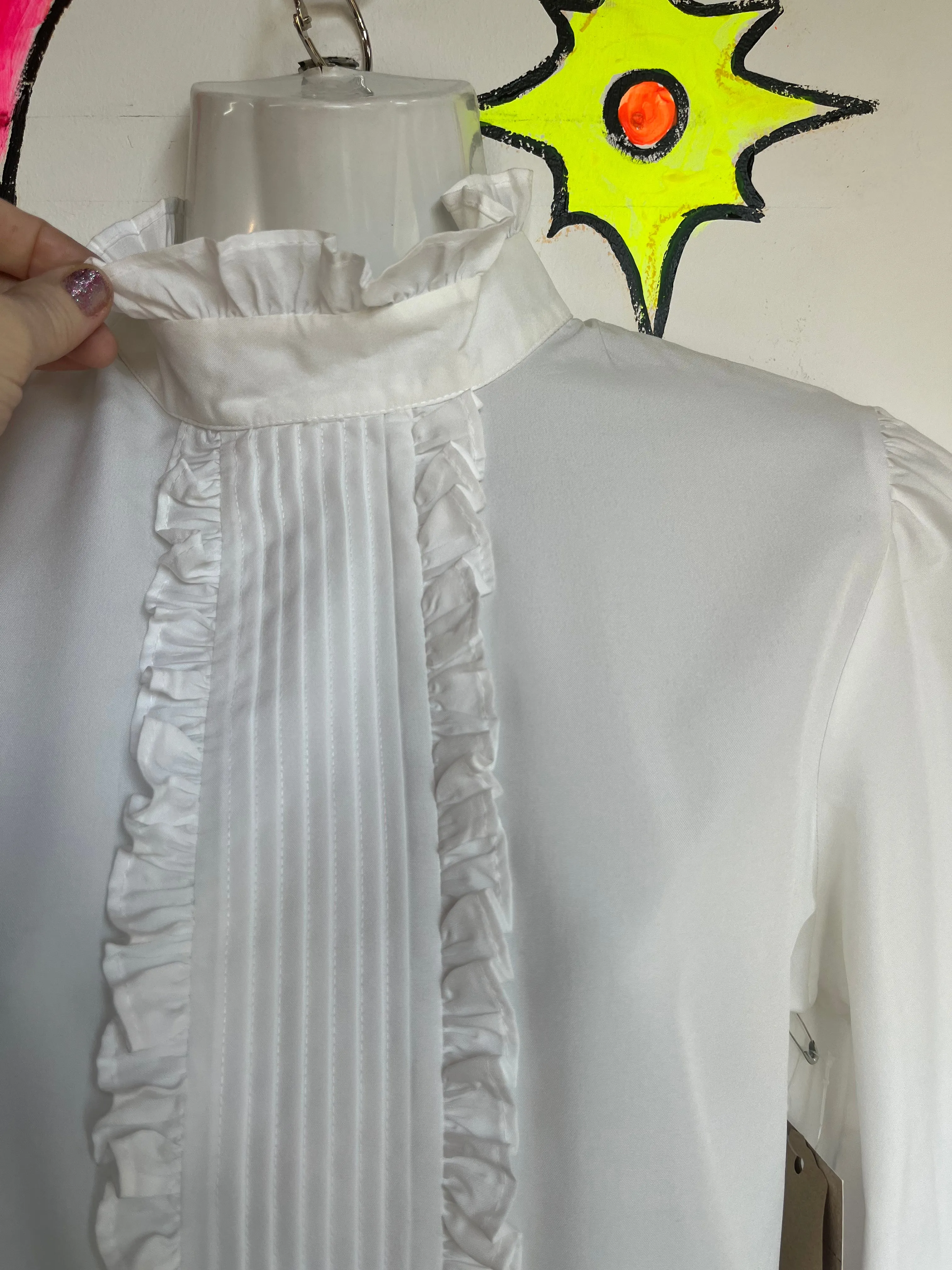 Vintage 70s 80s | White Ruffle Neck Edwardian Secretary Blouse Top | ML