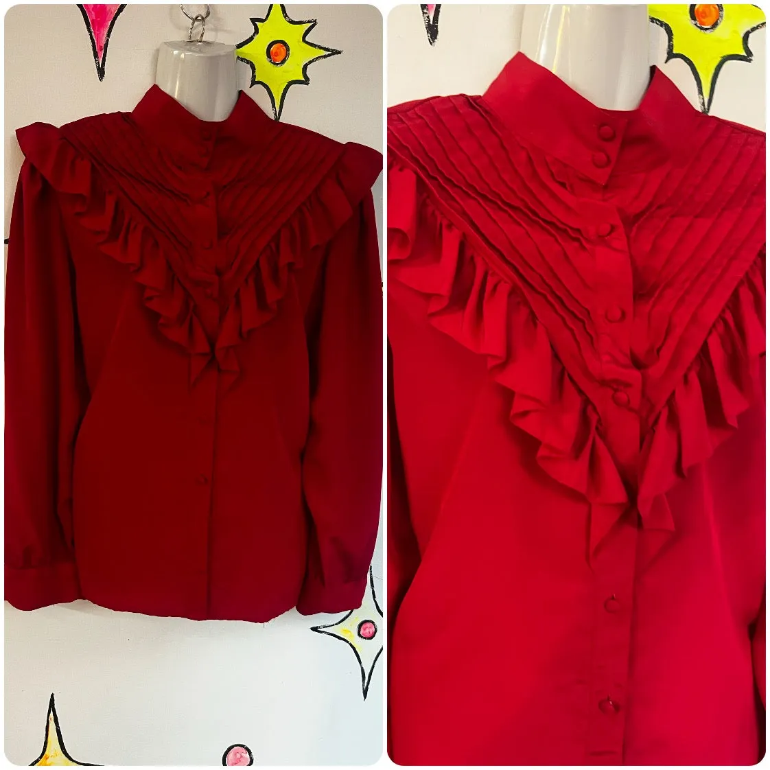 Vintage 80s | Red Ruffled Victorian Revival Steampunk Secretary Blouse | L XL