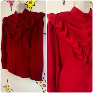 Vintage 80s | Red Ruffled Victorian Revival Steampunk Secretary Blouse | L XL