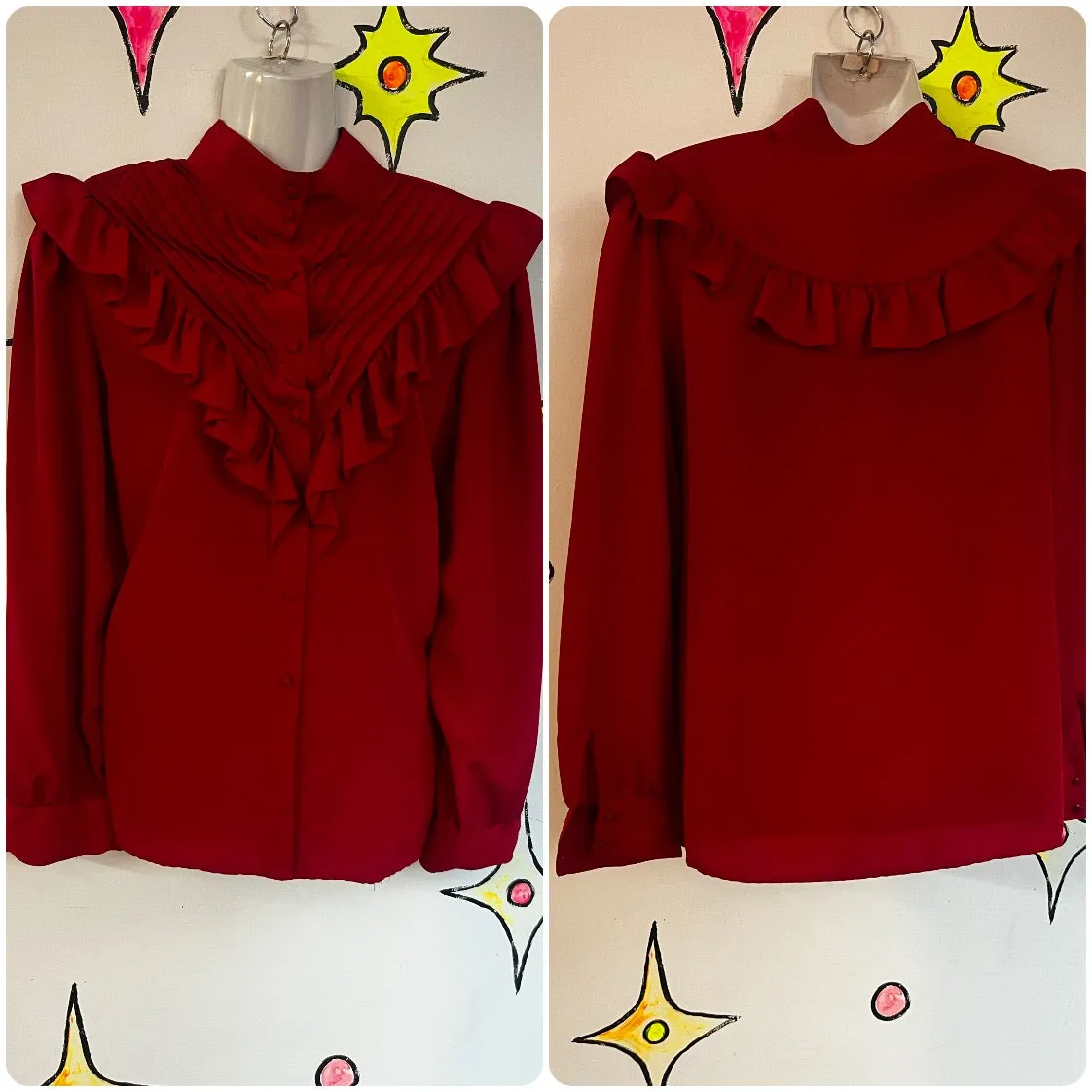 Vintage 80s | Red Ruffled Victorian Revival Steampunk Secretary Blouse | L XL