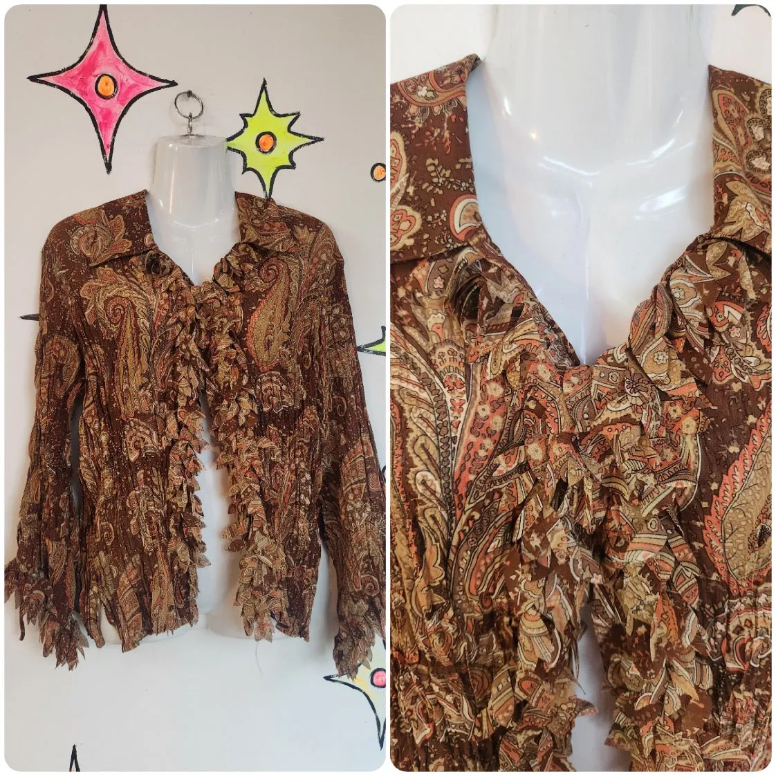 Vintage 90s Y2K | Brown Paisley Flowy Sheer Fairy Grunge Boho Shirt Blouse | L