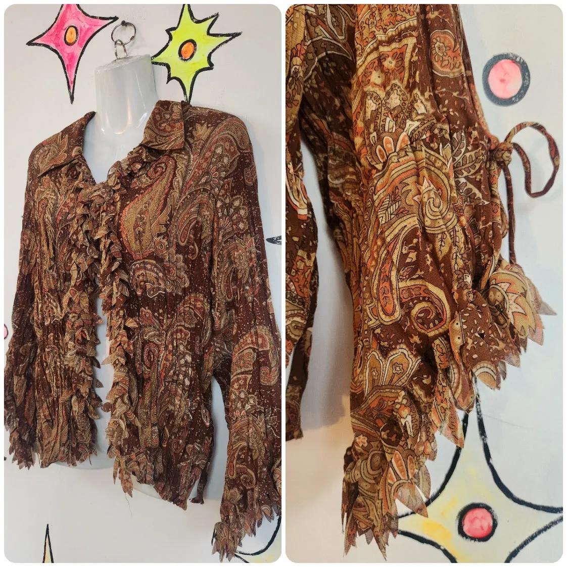 Vintage 90s Y2K | Brown Paisley Flowy Sheer Fairy Grunge Boho Shirt Blouse | L