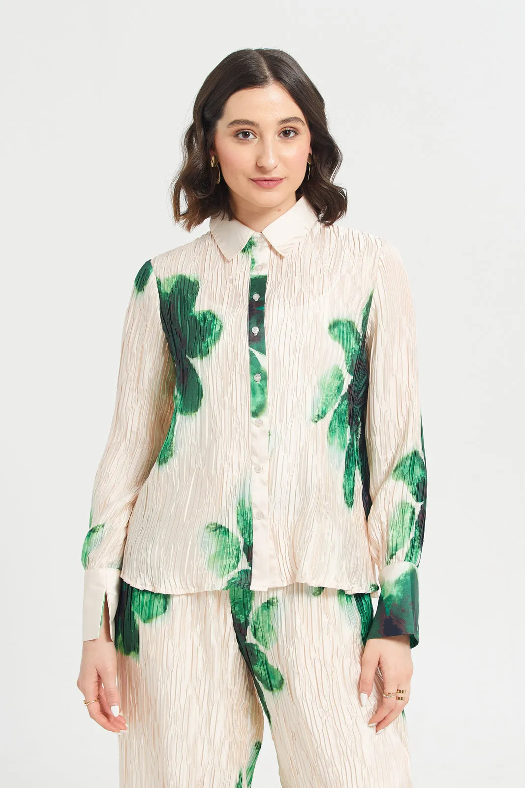 Women Beige And Green Printed Plisse Shirt