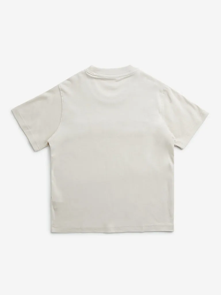 Y&F Kids Beige Text Embossed Cotton T-Shirt